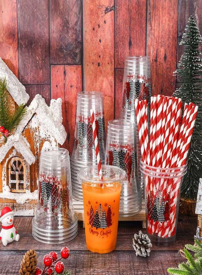 JarThenaAMCS أكواب بلاستيكية شفافة من JarThenaAMCS، 50 قطعة، بأغطية وماصات، بتصميمات حمراء وسوداء، وشجرة عيد الميلاد، وندفة ثلج، ونقشة مربعات، سعة 12 أونصة، للاستخدام مرة واحدة، مثالية لحفلات عيد الميلاد. - Image 4